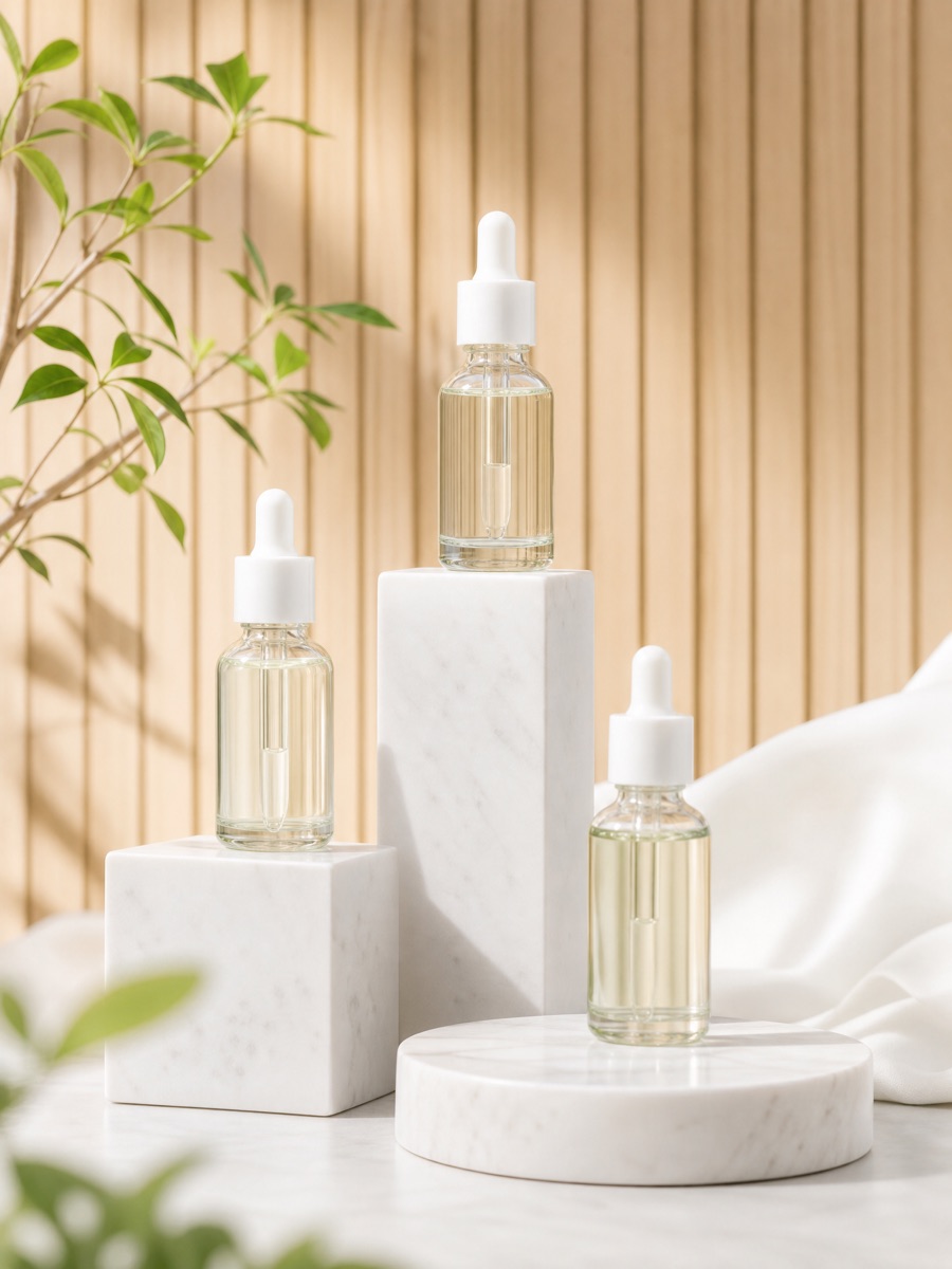 Drie skin booster-flesjes naast elkaar op een marmeren schap
